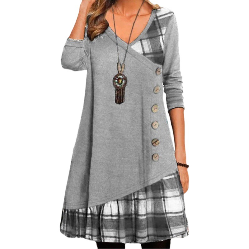 Amazon AliExpress Independent Station 2022 Autumn New V-Neck Stitching Decorative Buckle Long Sleeve Plaid Printed dress
