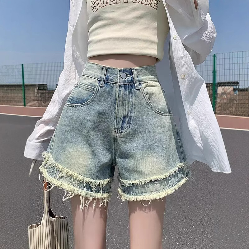 Vintage distressed Denim shorts women's summer thin design all-match hot girl with burr edge high waist wide leg pants