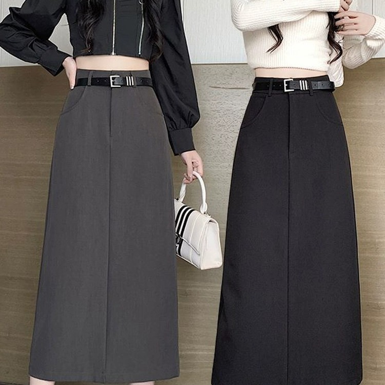 2024 New Spring and Autumn Hot High Waist Slim A- line Split Elegant All-match Skirt Black Suit Skirt Women