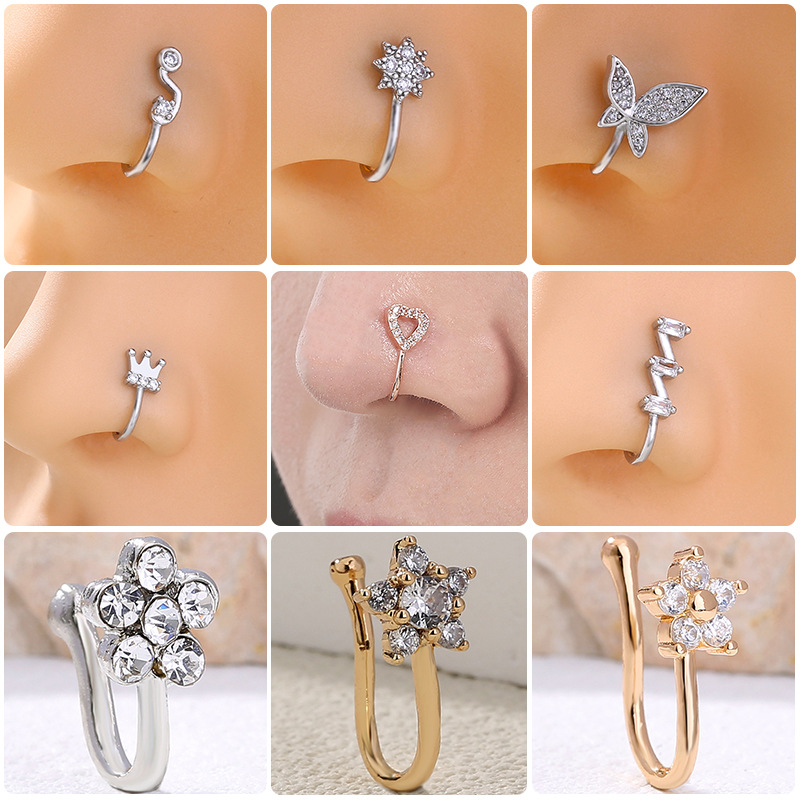 Amazon Hot Selling European and American Non-perforated U-shaped Nose Ring with Zircon Flower Butterfly Nose Ring False Nose Ring Piercing Jewelry