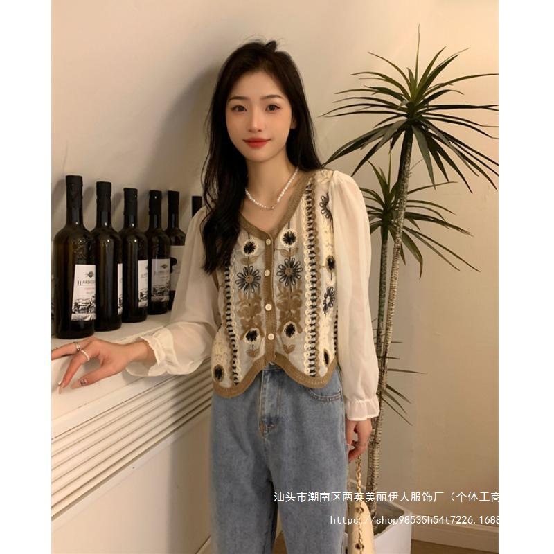 Picture of Shirt Spring Women's 2023 New Long-sleeved French Retro Gouhua Lace Puff Sleeve V-neck Sweater Top Trendy 1