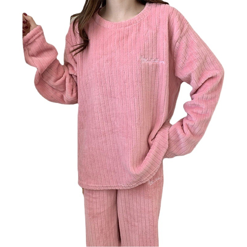 Crescent City Warm Suit 2025 Winter New Vertical Stripes Thickened Warm Home Clothes Large Size Coral Fleece Pajamas