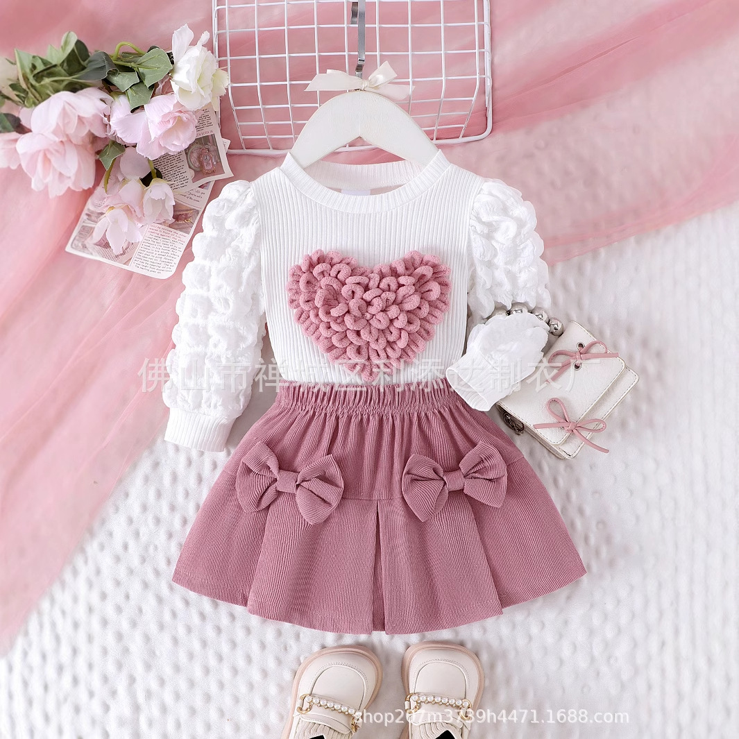 24 Autumn New Explosions Girls Love Long Sleeve White Puff Sleeve Half-length Skirt Two-piece in stock
