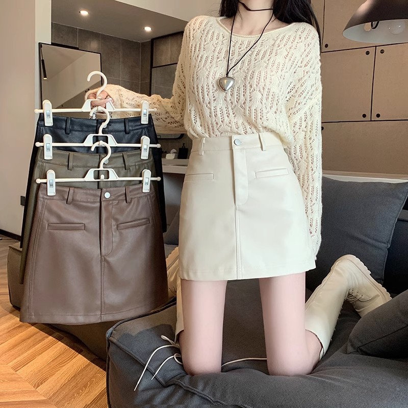 brown leather skirt women's autumn and winter 2025 new high waist A- line one-step skirt pu leather small hip skirt