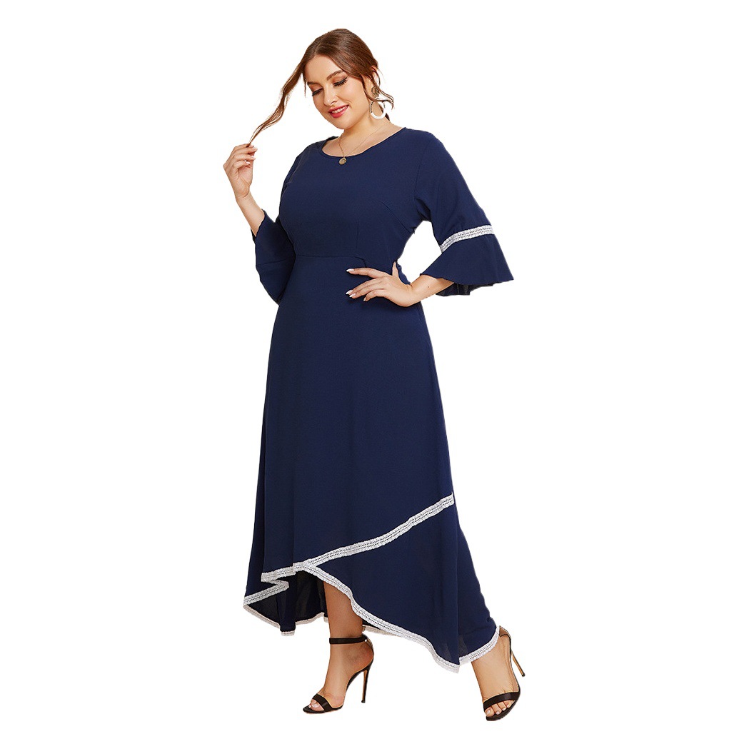 2025 spring and autumn new plus size women's lace stitching round neck sleeve dress solid color loose wholesale JR099