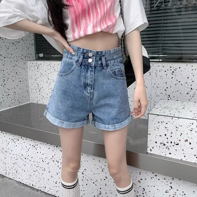 American Style Old Style New Hot Pants Girls Loose Straight Wide Leg High Waist Slimming Denim Shorts Women's Summer Ins Trendy