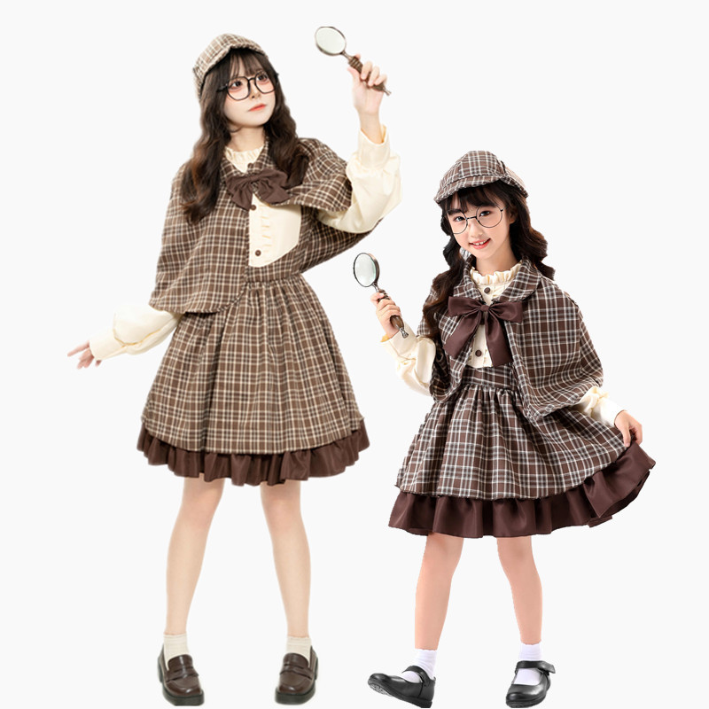 Adult Children Sherlock Holmes Detective cosplay Costume Lolita Dress British Academy Style with Shawl
