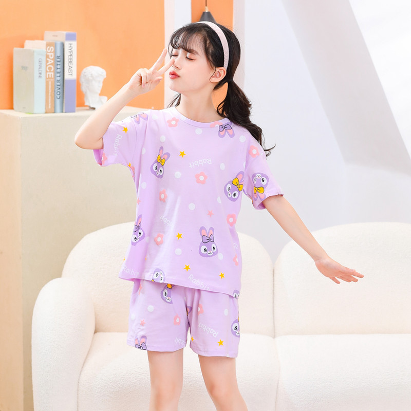 Picture of 2024 New Kidsren's Summer Short-Sleeved Suit Home Clothes Pajamas Pure Cotton Thin Air-Conditioned Clothes Princess Girls Baby