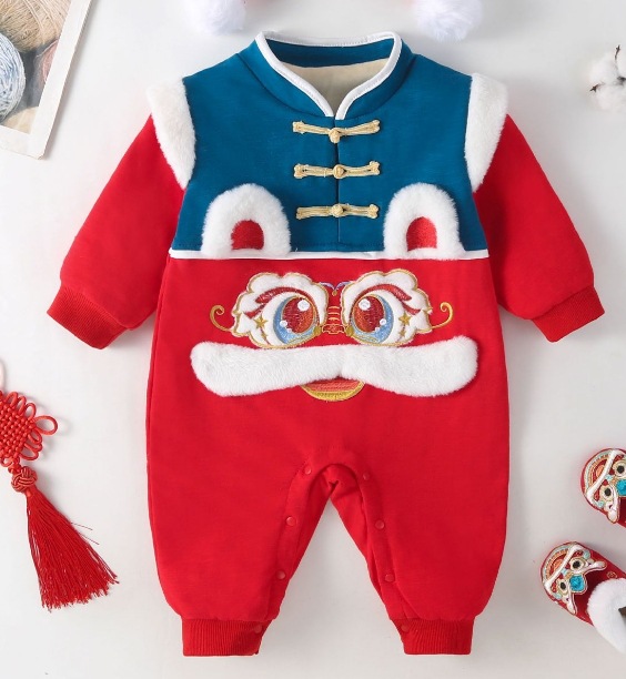 Picture of Chinese style winter baby romper New Year romper male and female baby double layer fleece-lined thickened Tiger year sweater New Year greeting clothes