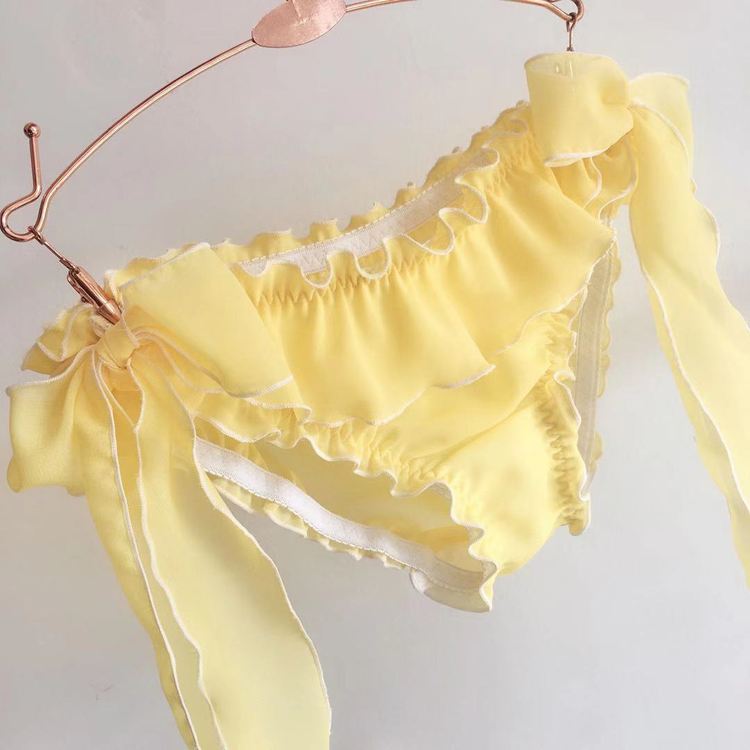 Sexy charming yellow double-sided open bow lace-up Japanese date women's underwear ruffled chiffon wooden ear lace-up