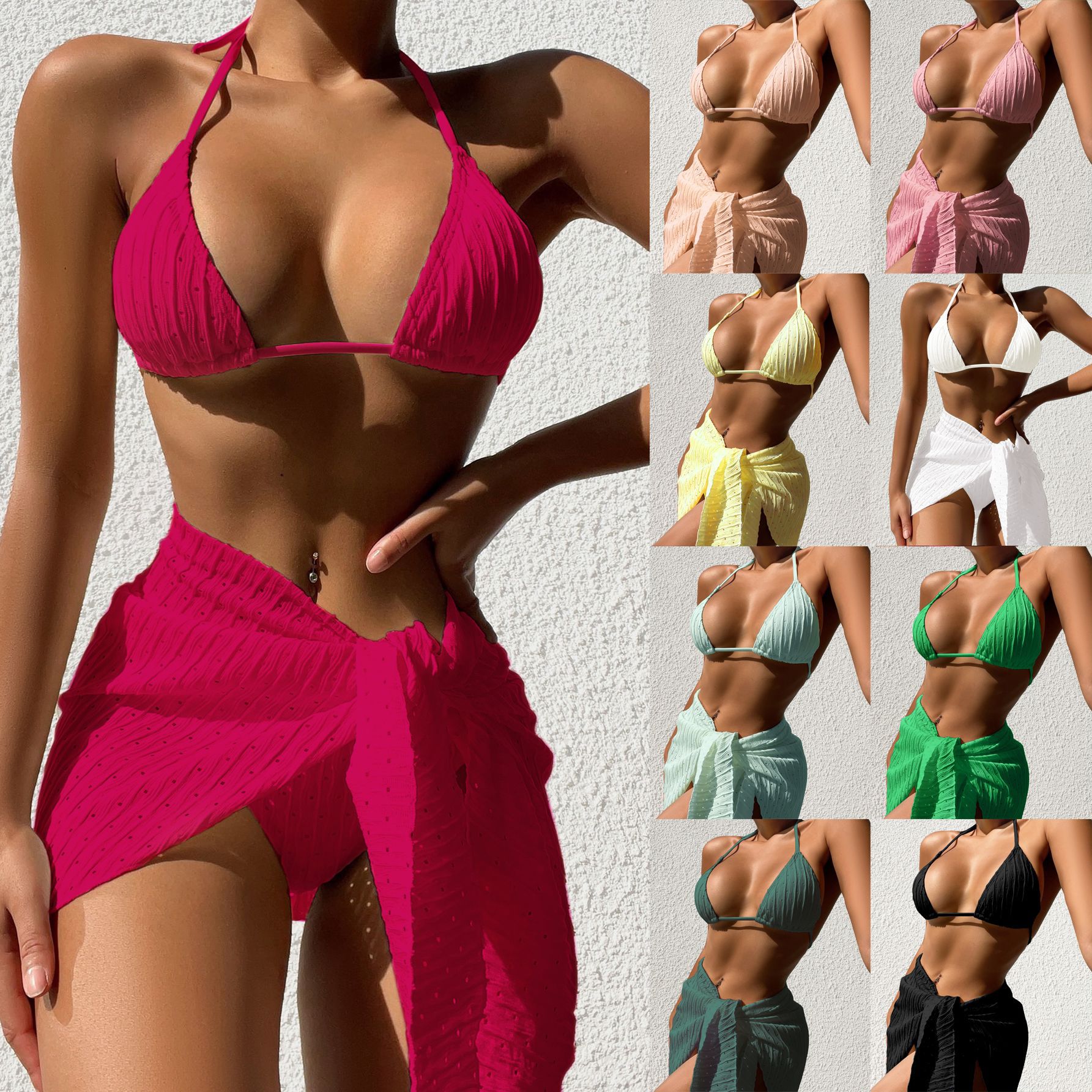 2025 New Foreign Trade Swimwear European and American Backless Sexy Solid Color Bikini Mesh Short Skirt Bikini Three-Piece Set
