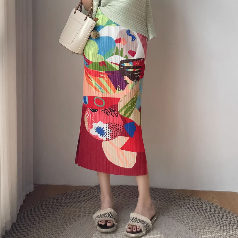 Picture of Niche design pleated skirt spring and summer thin elastic waist printed slimming age-reducing hip slit pleated skirt