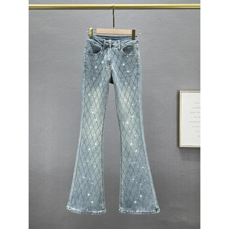 Slim-fit Denim micro flared pants women's trendy 2024 new fashion elastic high waist slim European goods hot drilling plus pants