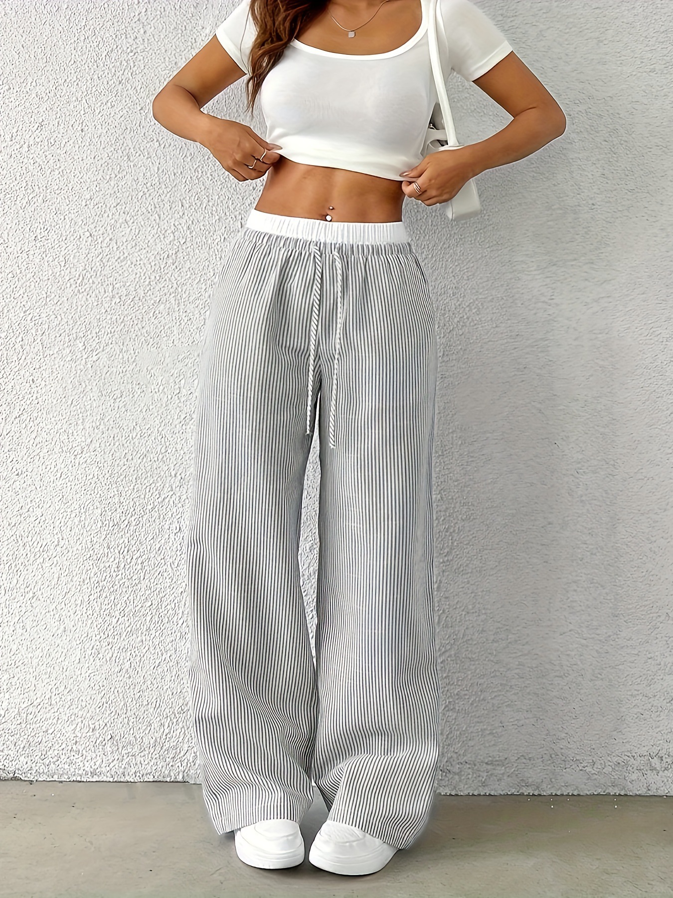 2024 European and American Cross-Border Amazon Autum New Straight Pants Women's Striped Sweet Straight Pants Casual Pants