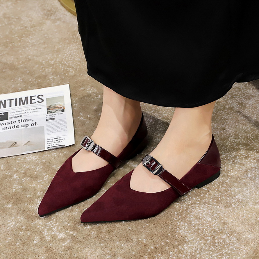 6213-1 European and American Style Retro Comfortable Joker Women's Shoes Suede Shallow Mouth Pointed Flat Heel Shoes with Belt Buckle