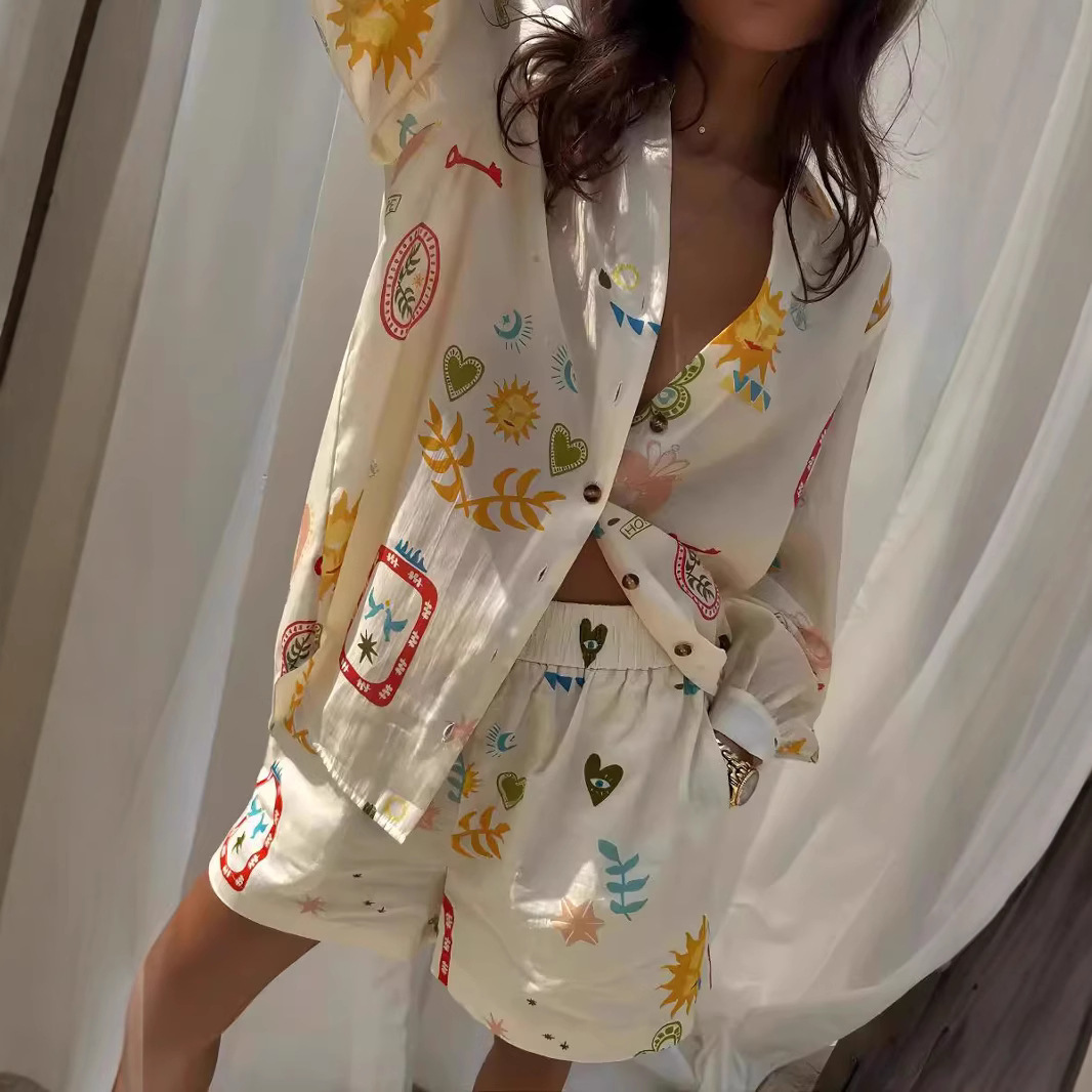 European and American Cross-border 2024 New AliExpress Independent Station Fashion Printed Linen Casual All-match Shirt Cardigan Shorts