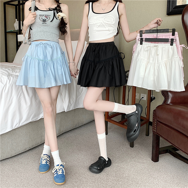 Real shot real price Korean style hollow bow lace-up puffy skirt women's summer new A- line skirt slimming skirt