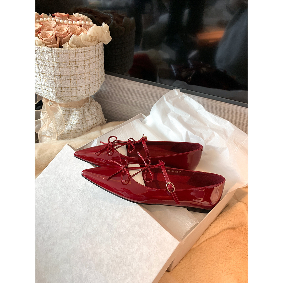 Sheepskin ~ Chaohui same style Hepburn dinner pointed bow shallow flat Mary Jane shoes women's single shoes banquet shoes