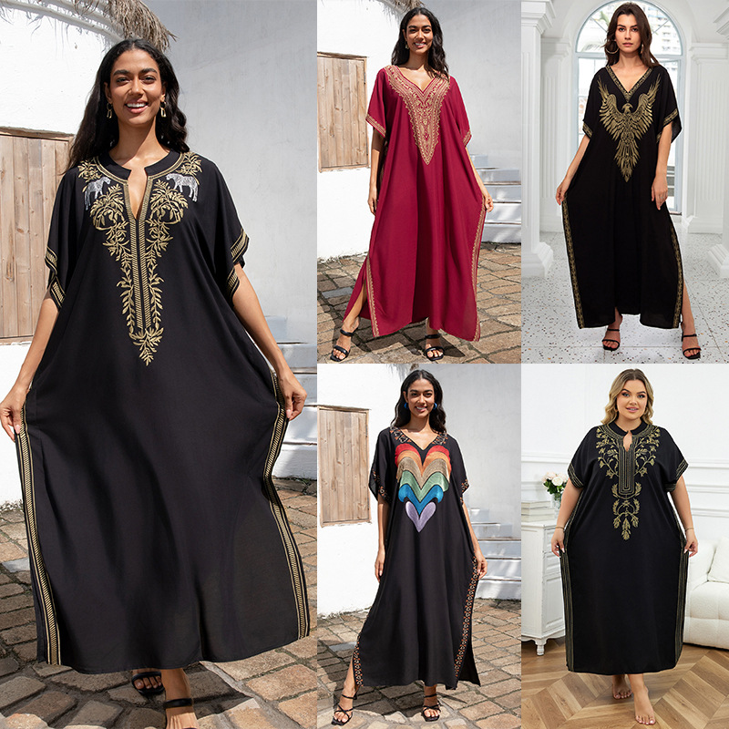 New Arrival Cotton Embroidered Vacation Beach Blouse dress Women's Loose Long Dress Bikini Outer Cross-Border Sun Protection Suit