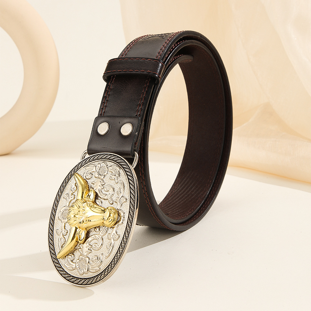 Golden Niutou Big Plate Buckle European and American Personality Trendy Retro Belt Youth Durable Simple Distressed Belt