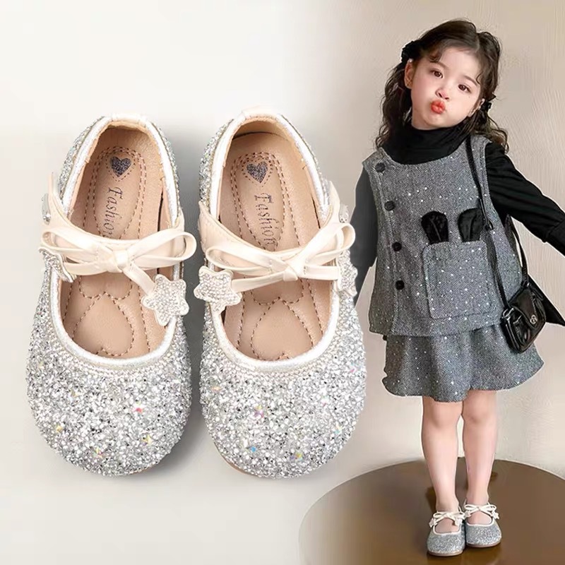 Girls' princess shoes, spring/summer crystal shoes, children's shoes 2025 new pairing, dress dress, little leather shoes, girls' flats, soft soles