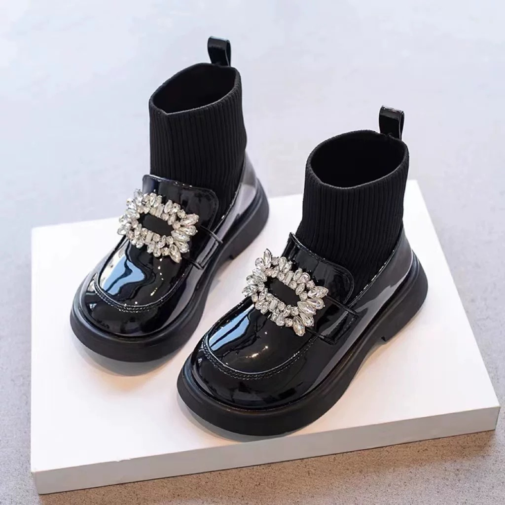 Girls' Sock Boots 2025 Spring and Autumn New Princess Martin Boots Children's Leather Shoes Girls Soft Sole Plus Velvet Short Boots Black