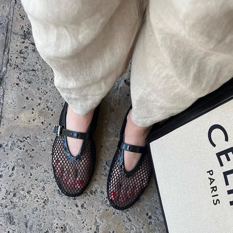 Picture of Cowhide Version Round Toe Niche Fish Mesh Cut Out Ballet Shoes for Women New Fashion Simple Flats Bottom Belt Buckle Shoes