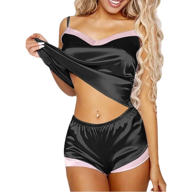 European and American Fashion Trend Contrasting Color Nightgown Slip Skirt Lace Sex Lingerie Sexy Temptation Home Pajamas Women