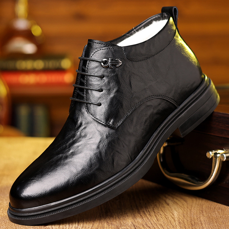 Wenzhou leather shoes fleece thickened and warm high-top cotton shoes autumn business formal wool cotton shoes are shipped one piece