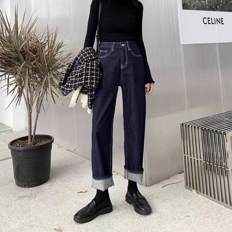 New Jeans Women's Spring and Autumn High Waist Slimming Loose Trendy Casual All-match Cropped Straight Pants