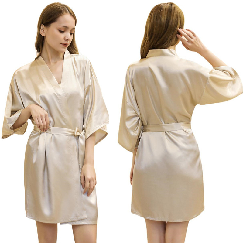 Picture of Amazon Cross-border Women's Twisted Sade Nightgown Bathrobe Solid Color Glow Summer Thin Sexy Short Cardigan Gown