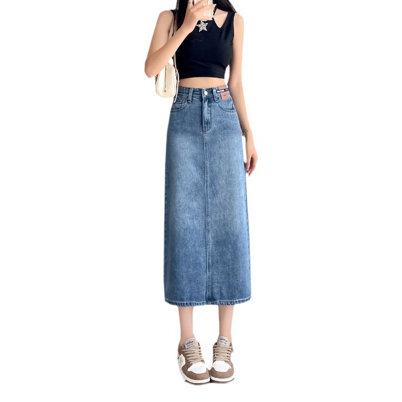 Women's Korean-style split denim skirt new niche leather design retro high waist straight A- line sheath skirt