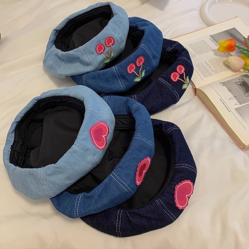 Picture of Japanese Style Retro Large Head Circumference Denim Beret Spring, Summer and Autum Women's K-Style Versatile Fashion Painter's Hat Makes the Face Smaller