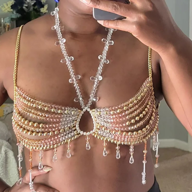 Cross-border fashion body with sexy handmade crystal jewelry Bra halterneck hollow fringe pool going to sea party