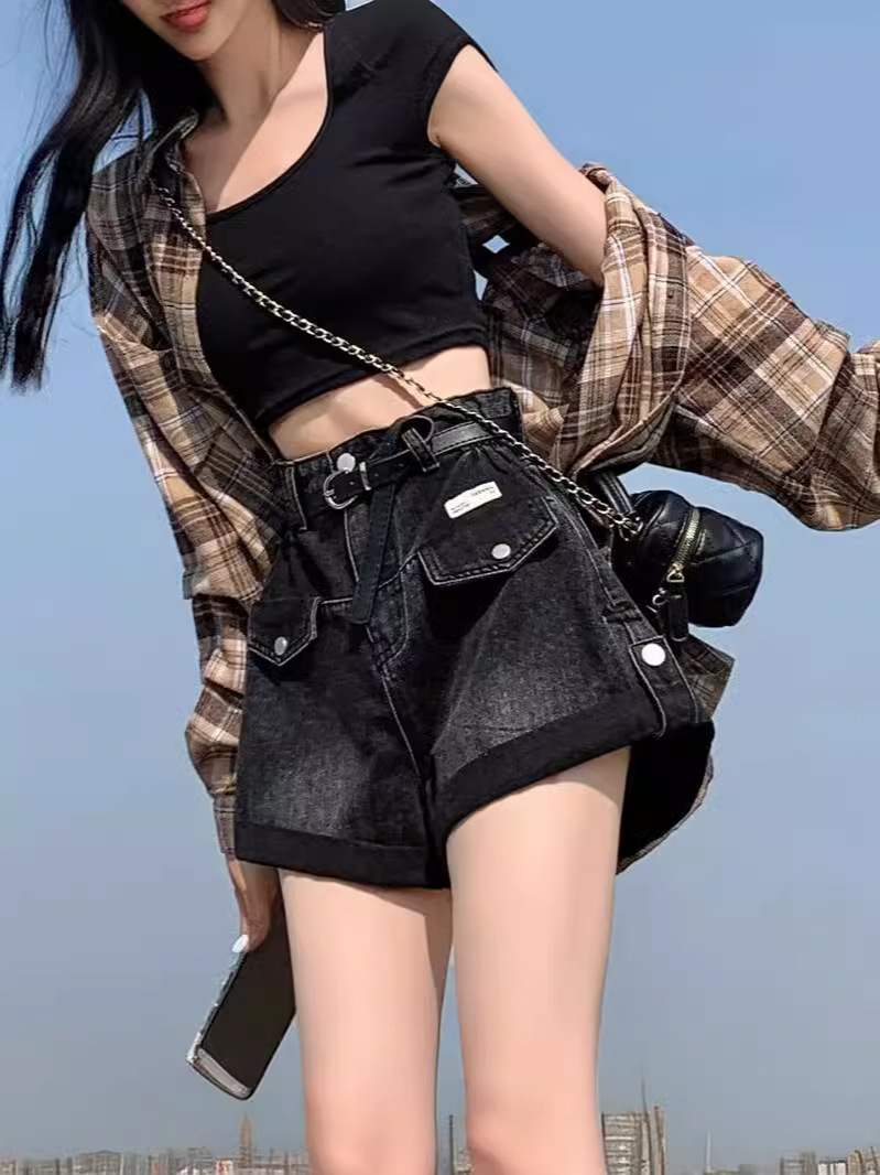 Black Grey Denim Shorts Women's Summer Thin 2024 New Design High Waist Curl A- line Wide Leg Hot Pants for Hot Girls