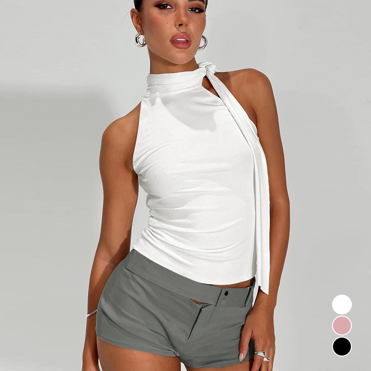 2025 Amazon WISH Summer Sleeveless Top Sexy Crop Backless Neck Strap Tight Women T-Shirt