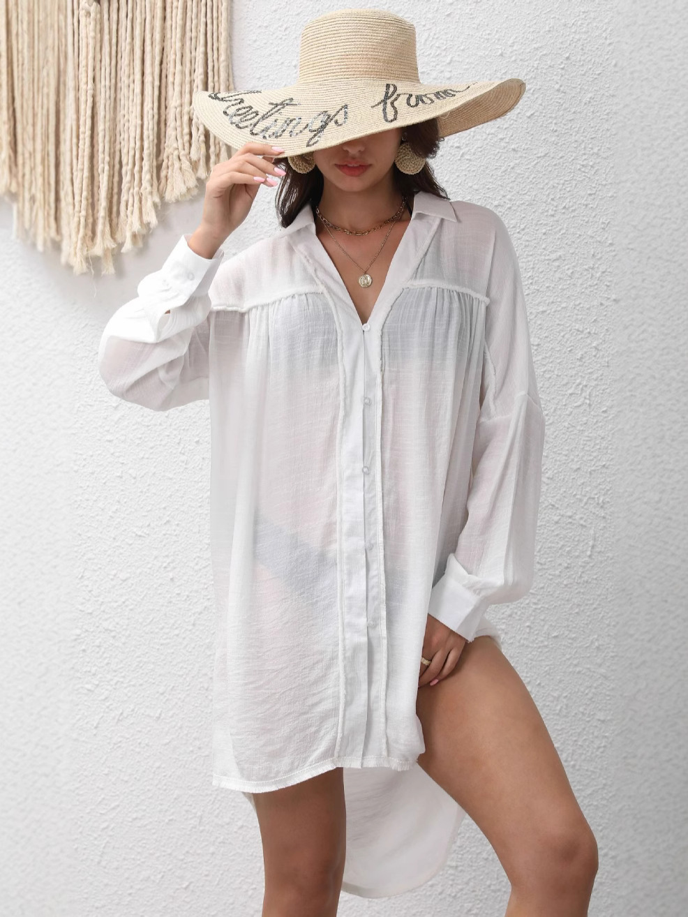 Cross-border 2025 summer new solid color long sleeve cardigan shirt European and American women seaside bikini beach blouse