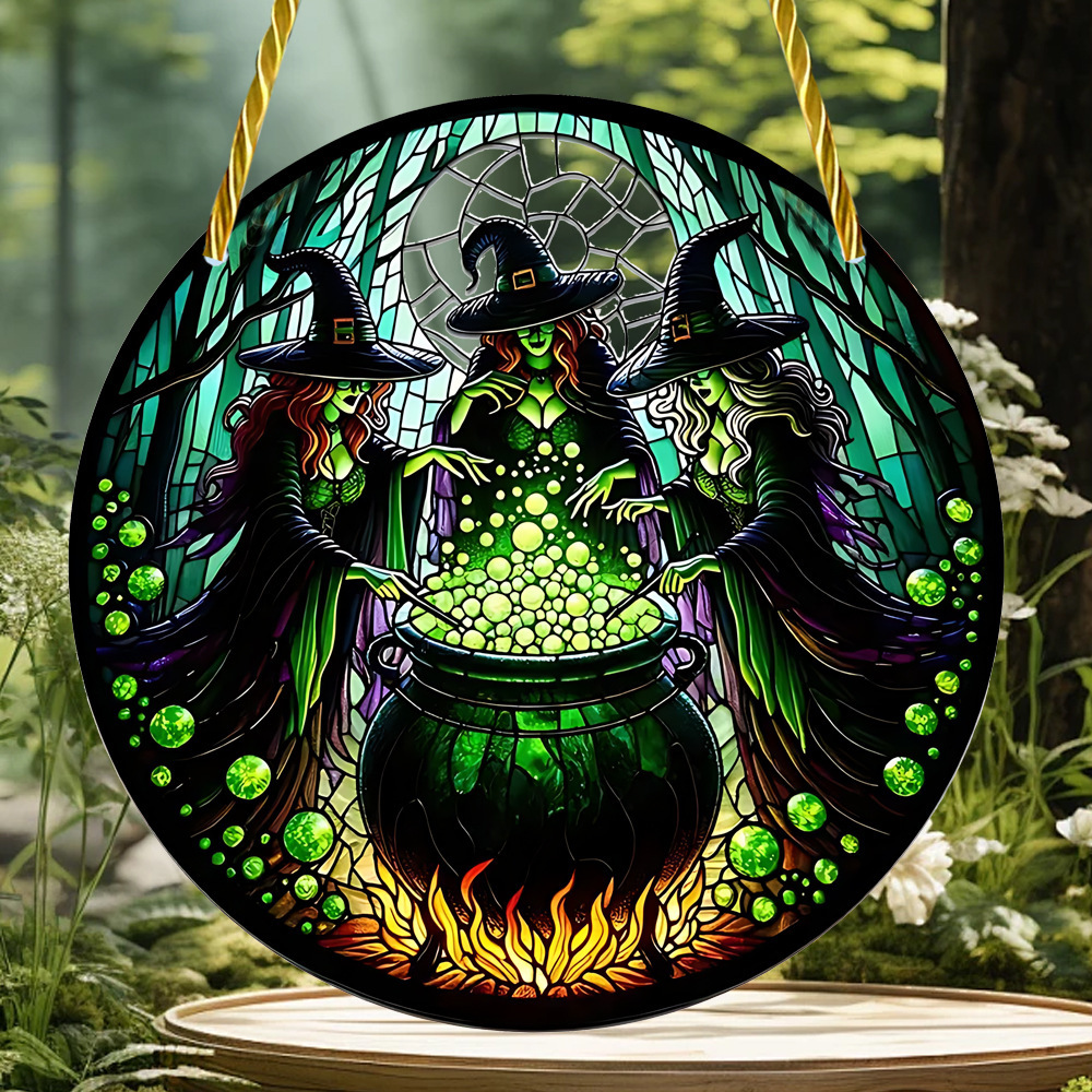 Halloween Witch Magician Alchemist Colorfulful Acrylic Catcher Window Hanging Round Wall Decoration Holiday Decoration