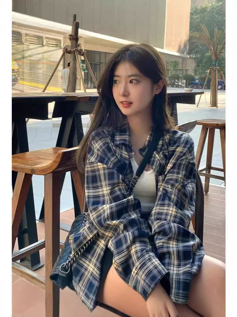 Power Style Wear Plaid Shirt Women's Lazy Style Retro Loose Shirt Cardigan Coat Long Sleeve Top Spring and Autumn