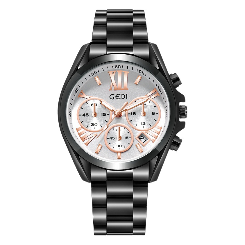 GEDI Women's Watch Waterproof Steel Band Women's Watch Fashion Three Eyes Calendar Quartz Watch 2024 Fashion Watch Women's 2986