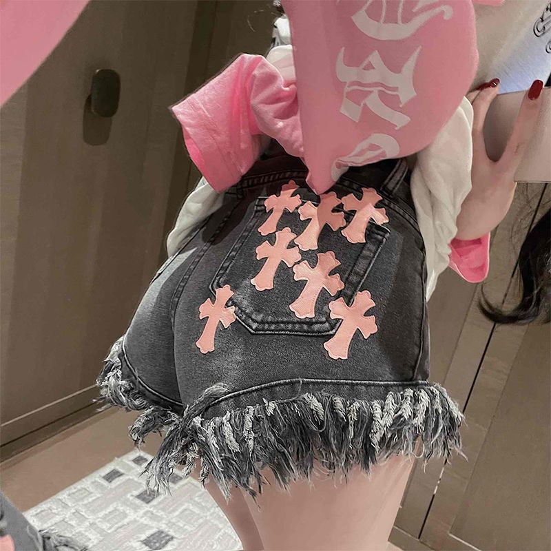 Denim Shorts Women's Cross Leather Edge 2024 Hong Kong Style Summer High Waist Slimming Design Sense Hot Pants with Hot Edge Trendy