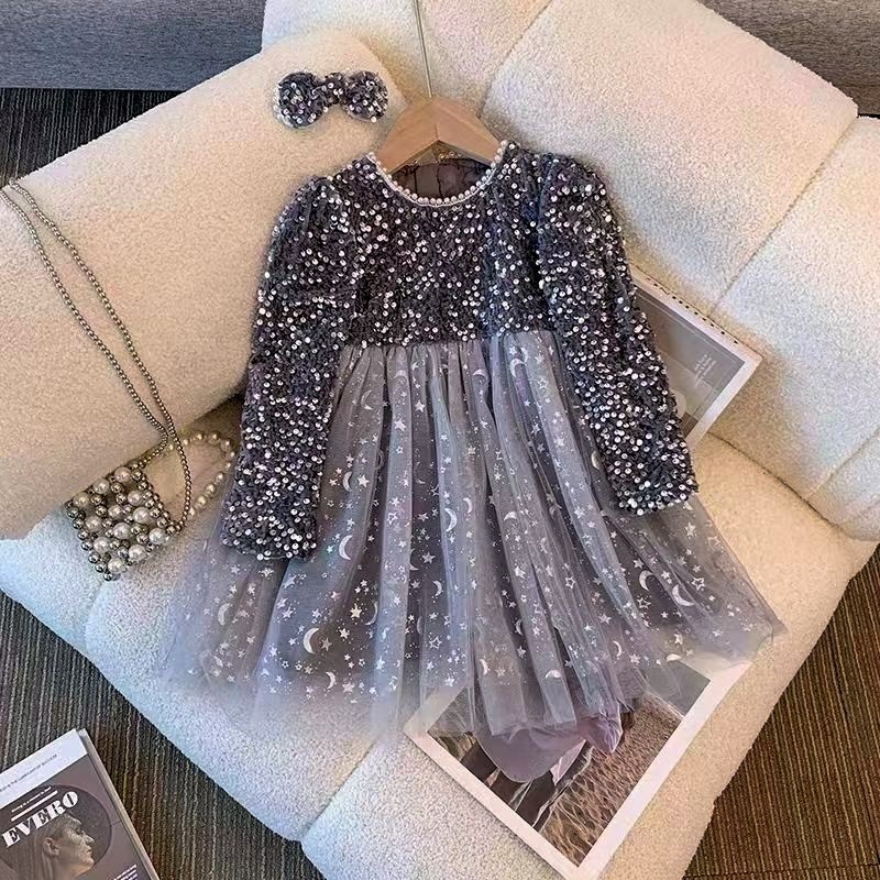 European and American girls sequined dress spring and autumn western style children's baby girl princess dress fashionable stitching puffy gauze skirt