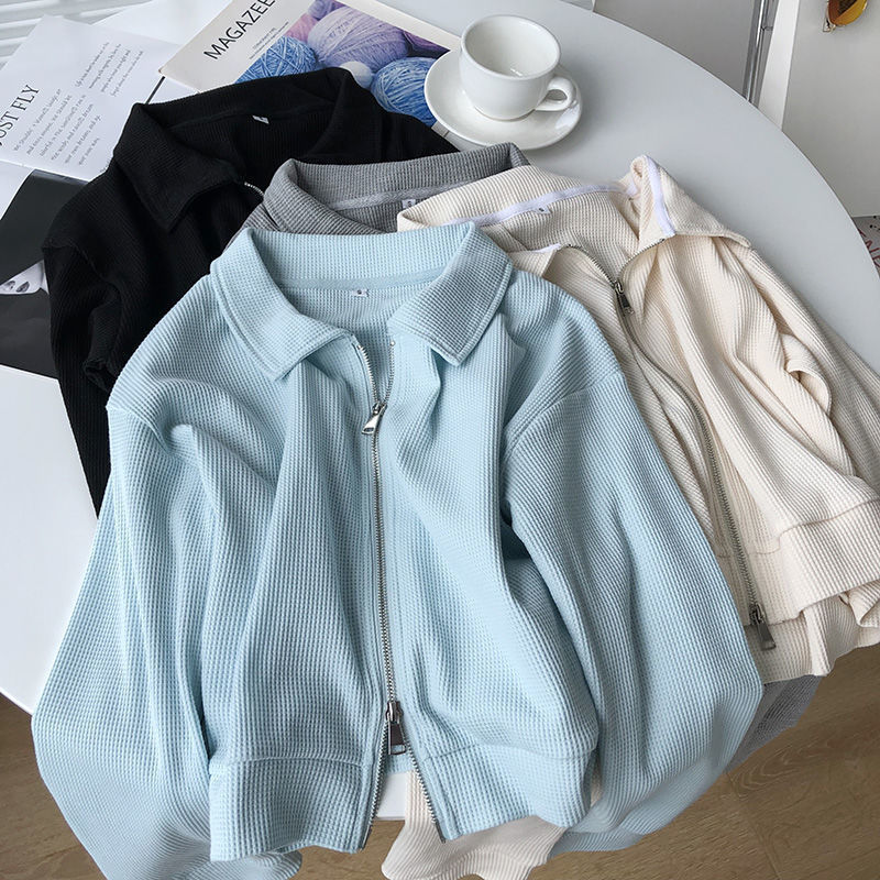 Cotton Waffe Short Jacket Women's Autumn Korean Style New Loose Design Sense Double Zip Top Casual Trendy Cardigan