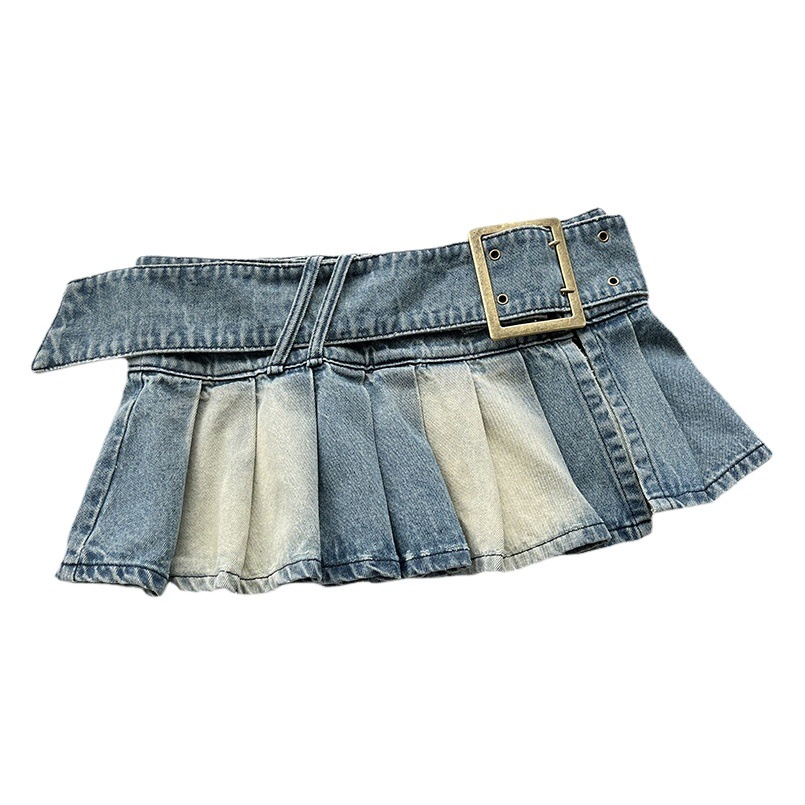 Xia Xin European and American Sexy Slit Belt Denim Skirt Women's Low-Waist Pleated Skirt Millennium A-Line Skirt 3009