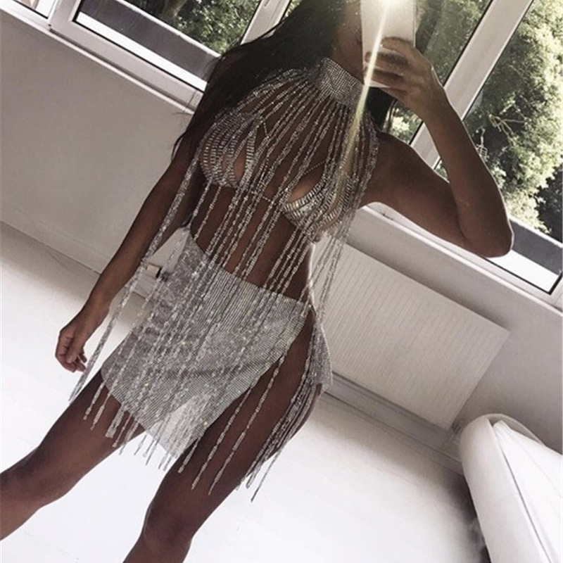 European and American cross-border fashion rhinestone body chain jewelry sexy exaggerated flash diamond tassel body chain necklace cloak female