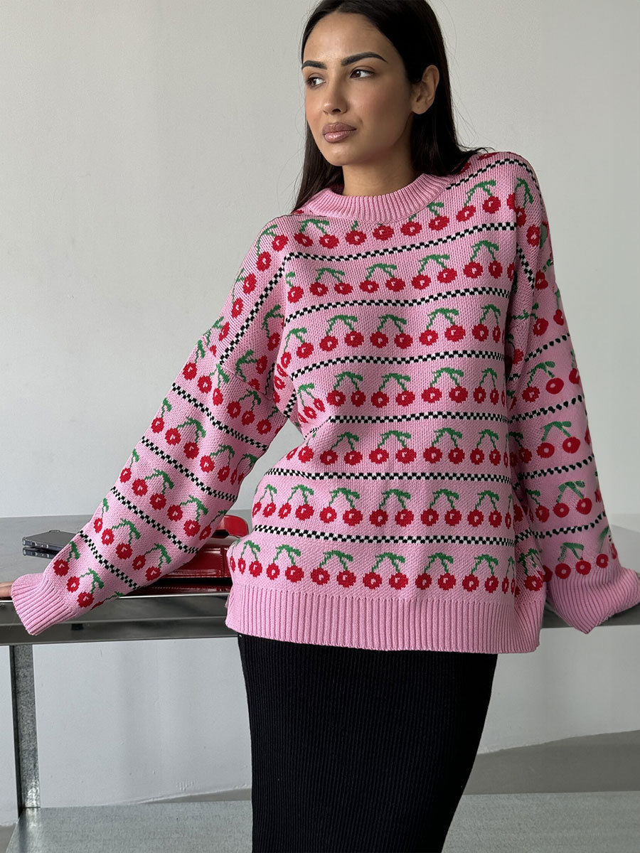 2025 Cross-Border Autumn and Winter New Commuter Retro Cherry Jacquard Knitted Round Neck Pullover Loose Long-Sleeved Sweater for Women