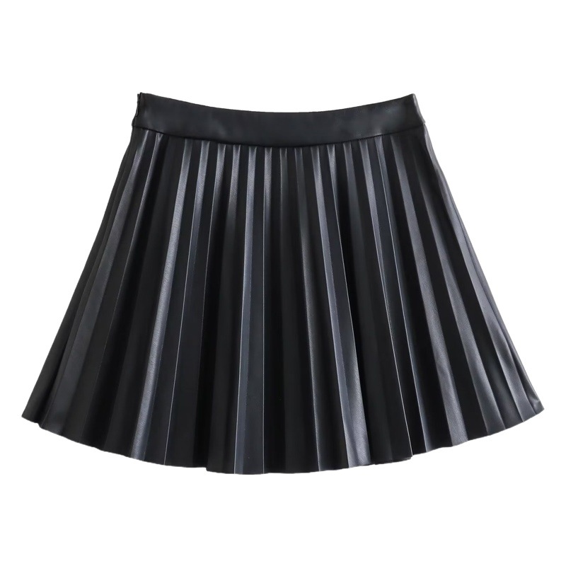 2023 Autumn New Arrival European and American Cross-Border Women's Clothing Temperament Light Mature Pleated Skirt Imitation Leather Mini Skirt Black Leather Skirt Short Skirt
