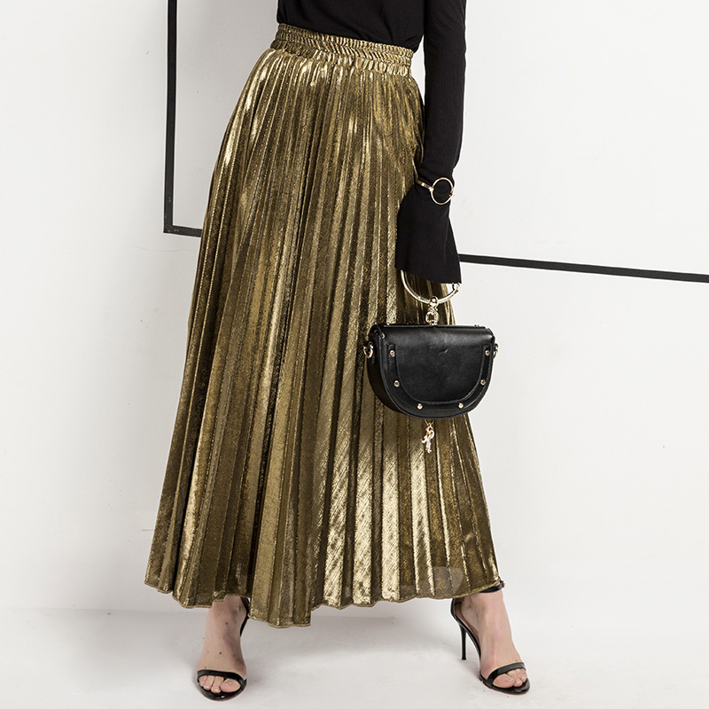 New Pleated Skirt Long Skirt European and American plus size High Waist Large Swing Golden Beach Dress for Women