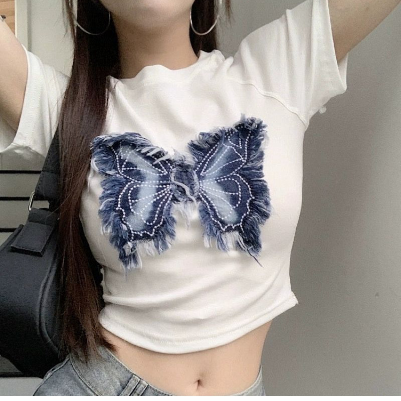 Summer Spice Girls American Style Butterfly Denim Pouch Short Shoulder Short-sleeved T-shirt Women's Sexy Tight Navel Shirt