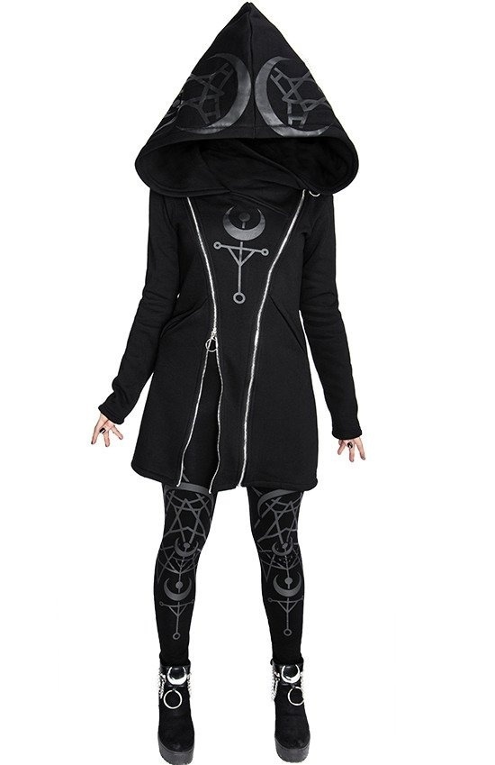 Picture of in stock 2019 European and American punk style printed long sleeve hooded double zipper long sweater